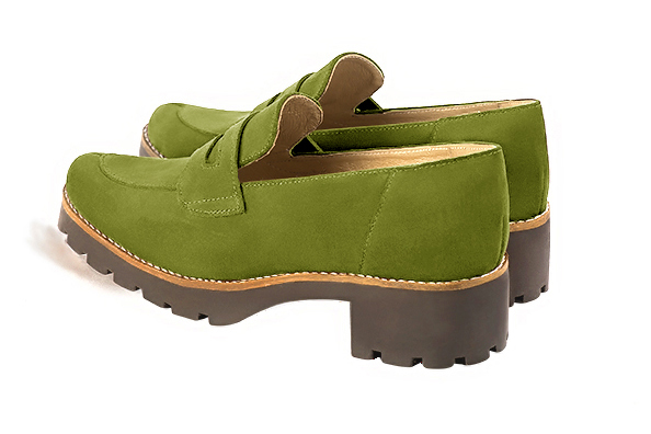 Women's pistachio green elegant loafers with thick soles. Round toe. Thick rubber soles - Rear view